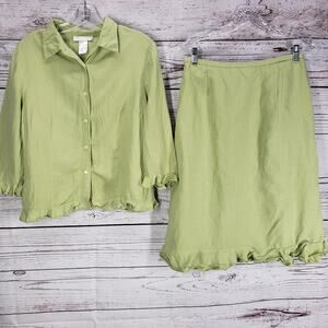 LA BOUTIQUE  Women’s Linen Blend Tea Green 2 Piece Set Top & Skirt Size10